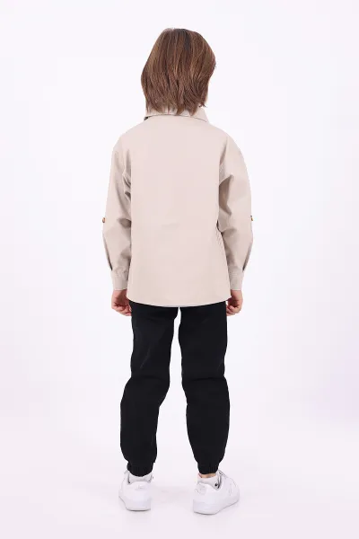 Ekru (5-14 Yaş) Çift Cepli Oversize Kalıp Erkek Çocuk Gabardin Gömlek 323440
