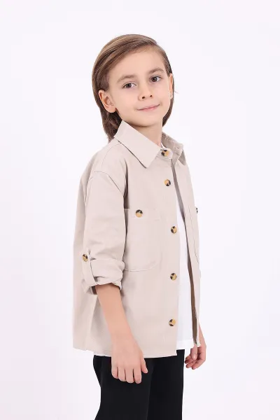 Ekru (5-14 Yaş) Çift Cepli Oversize Kalıp Erkek Çocuk Gabardin Gömlek 323440