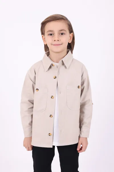 Ekru (5-14 Yaş) Çift Cepli Oversize Kalıp Erkek Çocuk Gabardin Gömlek 323440