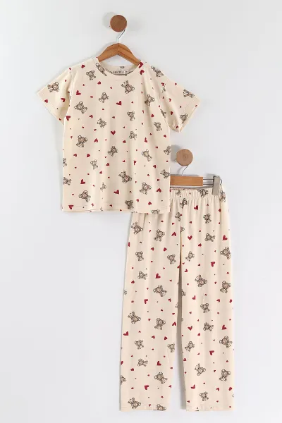Ekru (4-16 Yaş)Ayıcık Desenli Kız Çocuk Pijama Takım 466319