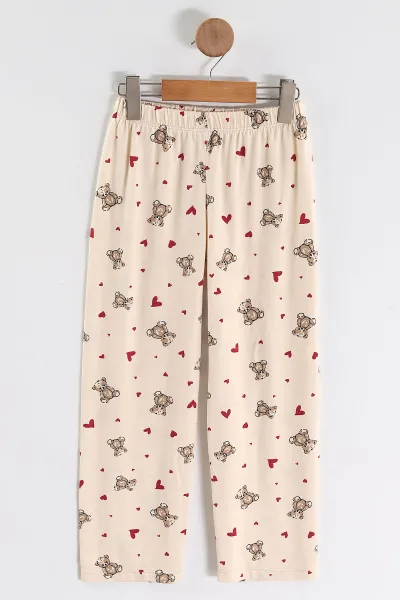 Ekru (4-16 Yaş)Ayıcık Desenli Kız Çocuk Pijama Takım 466319