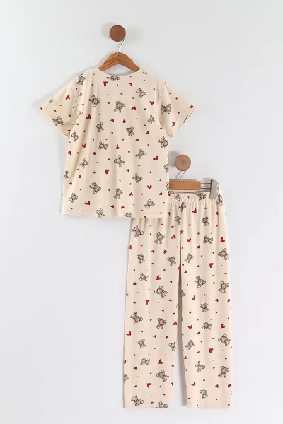 Ekru (4-16 Yaş)Ayıcık Desenli Kız Çocuk Pijama Takım 466319