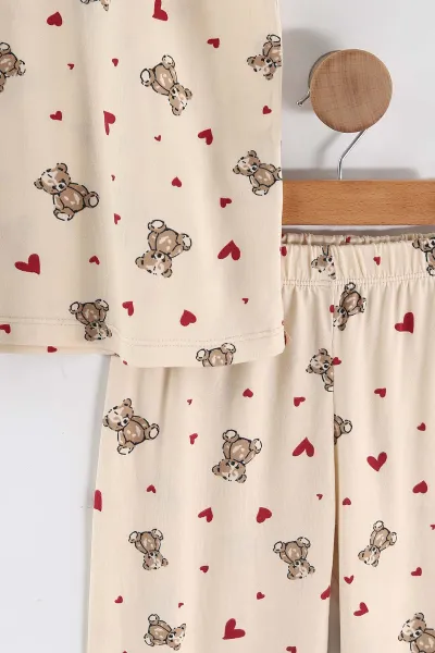 Ekru (4-16 Yaş)Ayıcık Desenli Kız Çocuk Pijama Takım 466319