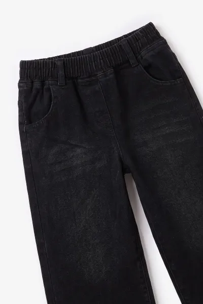 Ekru (5-10 Yaş) Çiçek Aksesuarlı Bebe Yaka Kot Pantolonlu Kız Çocuk 2'li Takım 497612