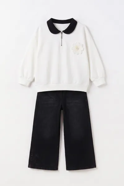 Ekru (5-10 Yaş) Çiçek Aksesuarlı Bebe Yaka Kot Pantolonlu Kız Çocuk 2'li Takım 497612