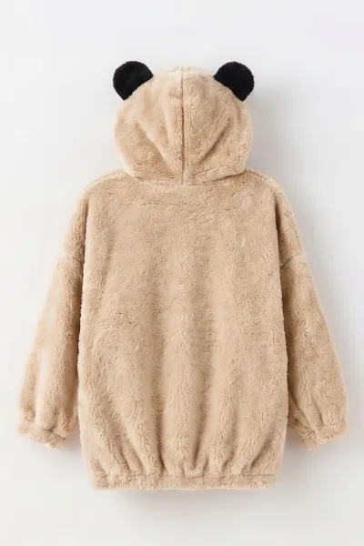 Ekru (5-10 Yaş) Oyuncaklı Kapüşonlu Peluş Kız Çocuk Hırka 497442