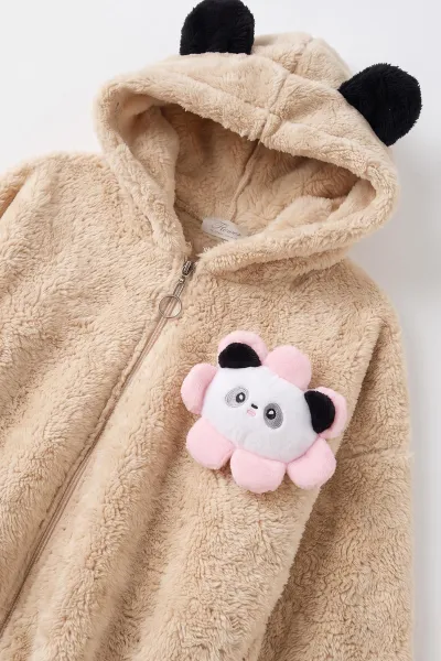 Ekru (5-10 Yaş) Oyuncaklı Kapüşonlu Peluş Kız Çocuk Hırka 497442