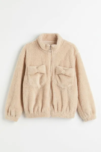 Ekru (5-11 Yaş) Cepli Peluş Kız Çocuk Hırka 498160