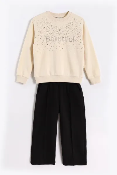 Ekru (6-10 Yaş) Beautiful Taş Baskılı 2 İp Kız Çocuk Mevsimlik Takım 485392