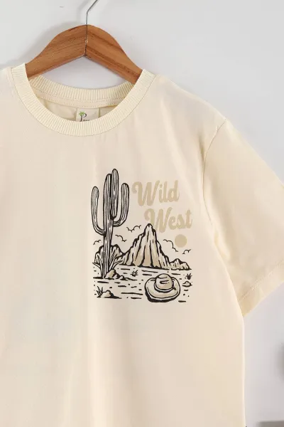 Ekru (6-14 Yaş) Wild West Baskılı Alt Çimalı Şortlu Erkek Çocuk Yazlık Takım 456446