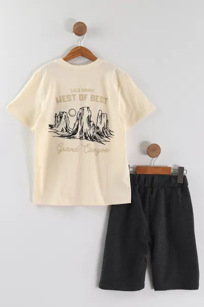 Ekru (6-14 Yaş) Wild West Baskılı Alt Çimalı Şortlu Erkek Çocuk Yazlık Takım 456446