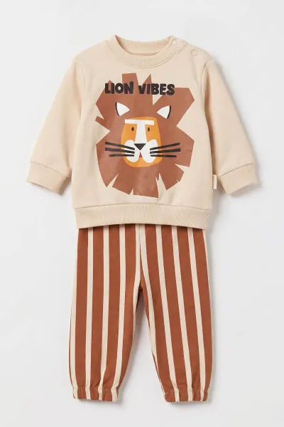Ekru (6-18 Ay)Aslan Baskılı Erkek  Bebek Takım 479393