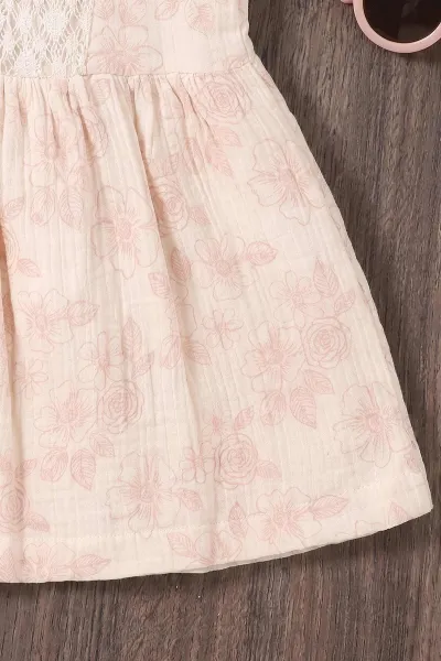 Ekru (6-24 Ay) Çiçek Baskılı Sıfır Kol Müslin Kız Bebek Elbise 461791