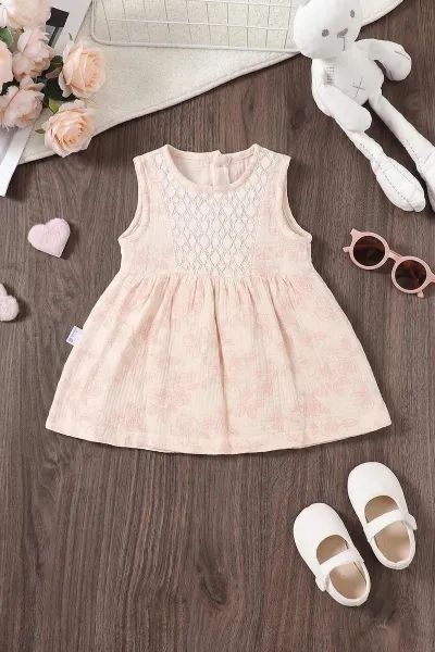 Ekru (6-24 Ay) Çiçek Baskılı Sıfır Kol Müslin Kız Bebek Elbise 461791