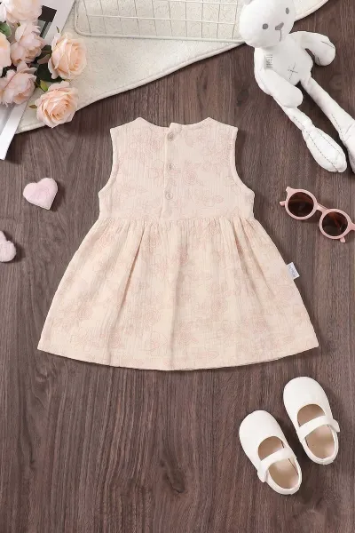 Ekru (6-24 Ay) Çiçek Baskılı Sıfır Kol Müslin Kız Bebek Elbise 461791