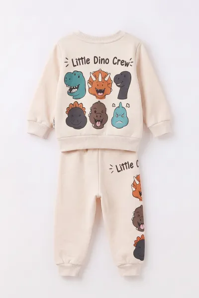 Ekru (6-24 Ay) Dino Baskılı 3 İp Şardonlu Erkek Bebek Kışlık Takım 496132