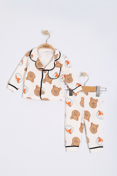 Ekru (6-24 Ay ) Gülen Ayı Baskılı Cep Detaylı Erkek Bebe Pijama Takım 201105