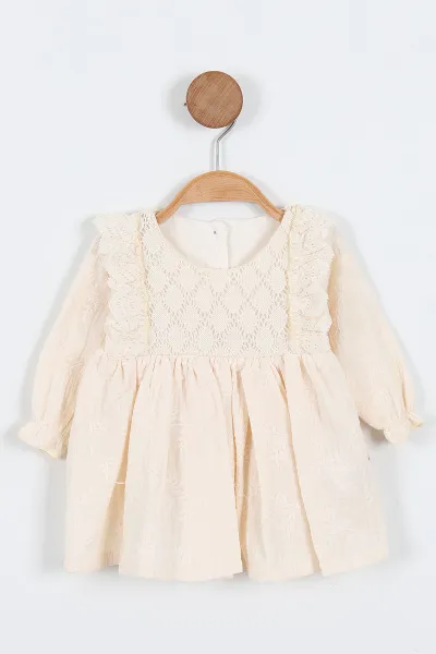 Ekru (6-24 Ay) Güpürlü Müslin Kız Bebek Elbise 339781