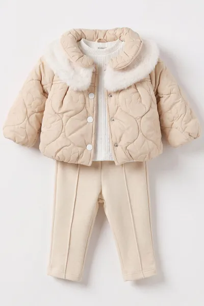 Ekru (6-24 Ay) İçi Peluş Montlu Kız Bebek 3'lü Takım 482585