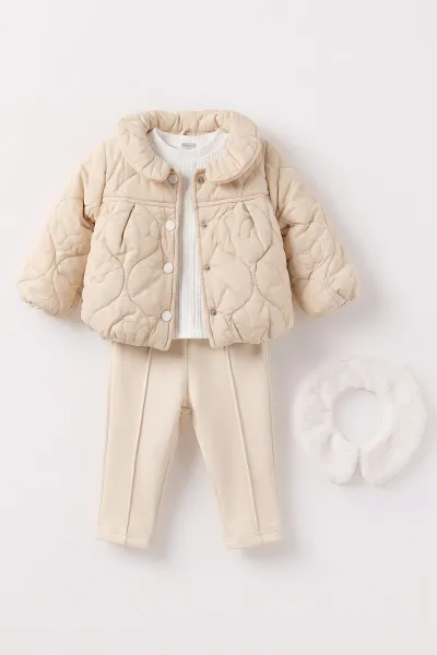 Ekru (6-24 Ay) İçi Peluş Montlu Kız Bebek 3'lü Takım 482585