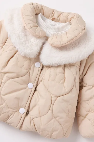 Ekru (6-24 Ay) İçi Peluş Montlu Kız Bebek 3'lü Takım 482585