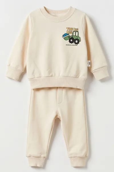 Ekru (6-24 Ay) Ön Arka  Baskılı 2 İp Erkek Bebek Takım 490645