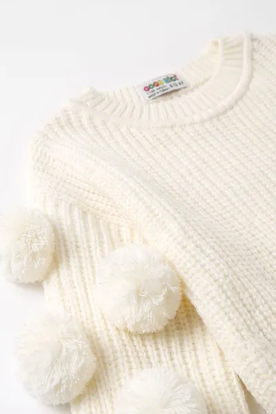 Ekru (6-24 Ay) Selanik Örgülü Oversize Kolları Ponponlu Kız Bebek Triko Kazak 474601