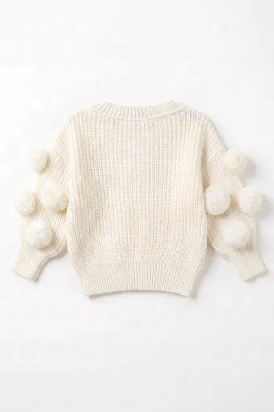 Ekru (6-24 Ay) Selanik Örgülü Oversize Kolları Ponponlu Kız Bebek Triko Kazak 474601