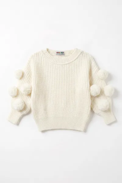 Ekru (6-24 Ay) Selanik Örgülü Oversize Kolları Ponponlu Kız Bebek Triko Kazak 474601