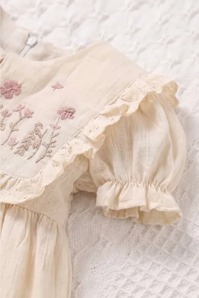 Ekru (6-24 Ay)Yakası Nakışlı Fistolu Müslin Kız Bebek Elbise 467275