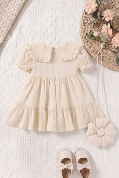 Ekru (6-24 Ay)Yakası Nakışlı Fistolu Müslin Kız Bebek Elbise 467275