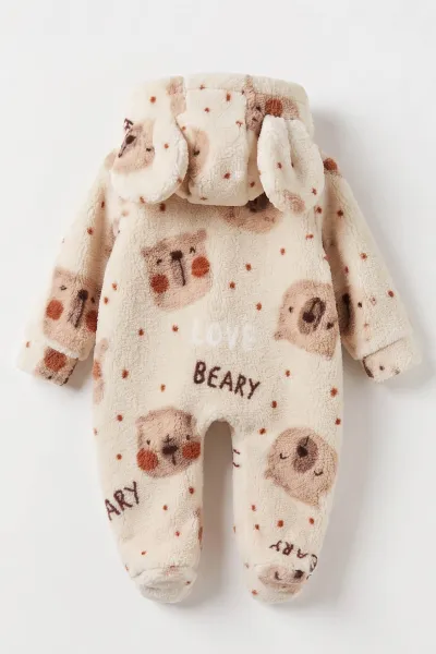Ekru (6-9 Ay) Ayıcık Desenli Kulaklı Kapüşonlu  Patikli Unisex Bebek Tulum 495698
