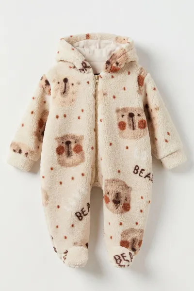 Ekru (6-9 Ay) Ayıcık Desenli Kulaklı Kapüşonlu  Patikli Unisex Bebek Tulum 495698