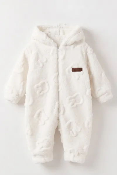 Ekru (6-9 Ay) Tavşan Kabartmalı Yumoş Peluş Bebek Tulum 495629
