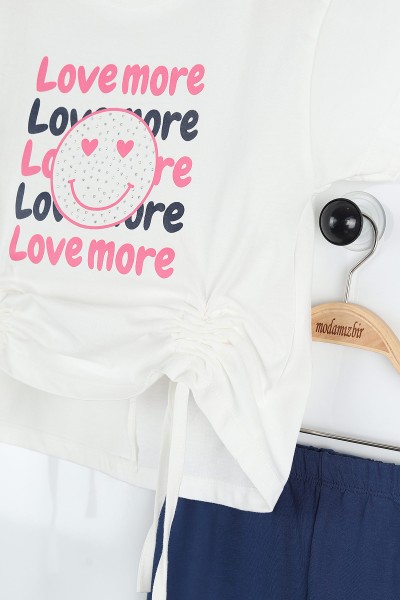 Ekru (6-9 Yaş) Love More Baskılı Yandan Büzgülü Kız Çocuk Takım 169941