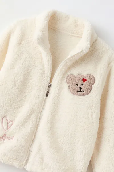 Ekru (7-12 Yaş)  Ayıcık Nakışlı Peluş Kız Çocuk Hırka 497994