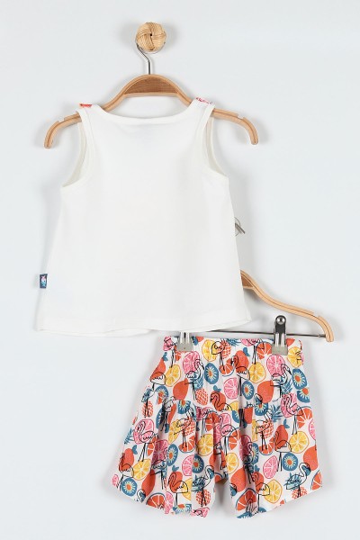 Ekru (9-24 Ay) Flamingo Çiçek Baskılı Omuz Fiyonk Detaylı Şortlu Kız Bebe Takım 182608