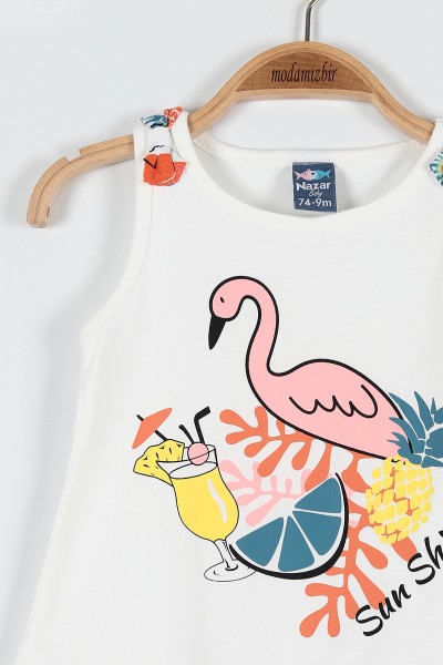 Ekru (9-24 Ay) Flamingo Çiçek Baskılı Omuz Fiyonk Detaylı Şortlu Kız Bebe Takım 182608