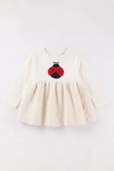 Ekru (9-24 Ay) Süzene Uğur Böceği Nakışlı Peluş Ceketli Çoraplı Kız Bebek Elbiseli Takım 482200