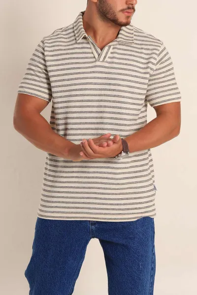 Ekru Antrasit Çizgili Regular Fit Polo Yaka Erkek Tişört 262719
