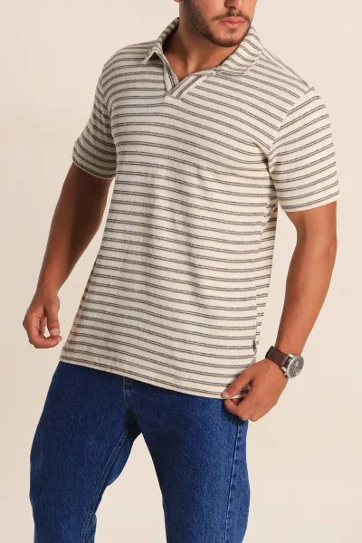 Ekru Antrasit Çizgili Regular Fit Polo Yaka Erkek Tişört 262719