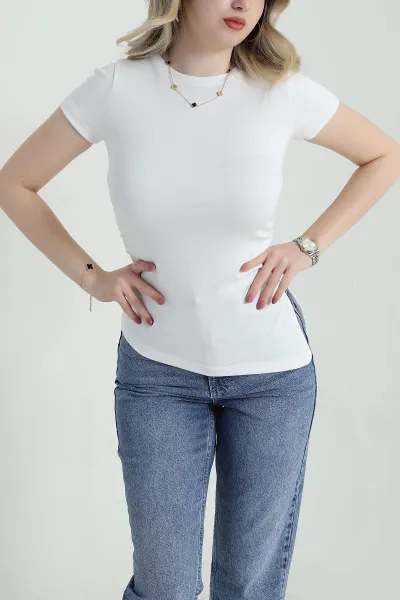Ekru Asimetrik Kesim Büzgülü Oysho Kadın Bluz 458329