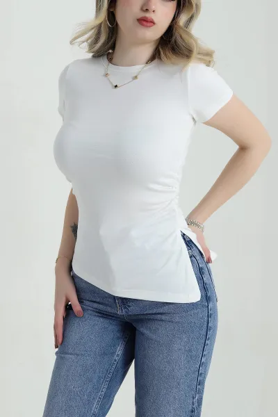 Ekru Asimetrik Kesim Büzgülü Oysho Kadın Bluz 458329