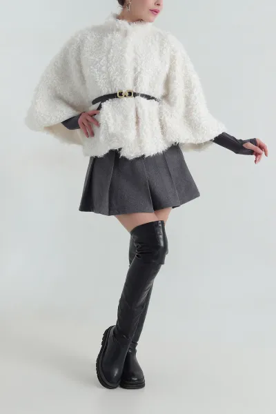 Ekru Astarlı Düğmeli  Kadın Peluş Panço 417367