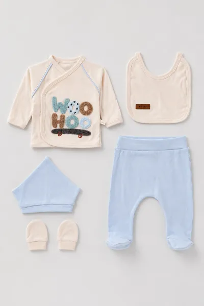 Ekru Bebe Mavisi (0-3 Ay)Woo Hoo Kaykay  Nakışlı  Patikli 5'li Erkek Bebek Takım 479309