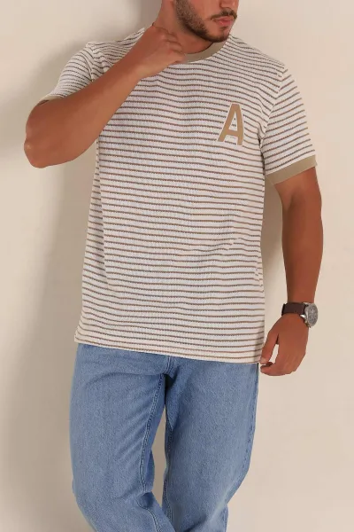 Ekru Bej Çizgili Regular Fit Nakış Yazı Detaylı Erkek Triko Tişört 268452