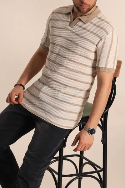Ekru Bej Çizgili Regular Fit Polo Yaka Erkek Triko Tişört 262594