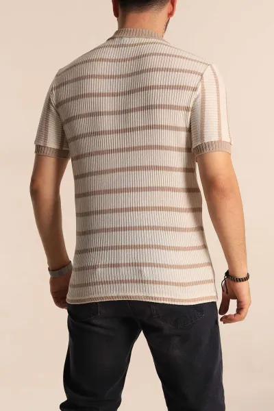 Ekru Bej Çizgili Regular Fit Polo Yaka Erkek Triko Tişört 262594