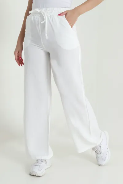 Ekru Bel Lastikli Bol Paça Tencel Kadın Pantolon 474045
