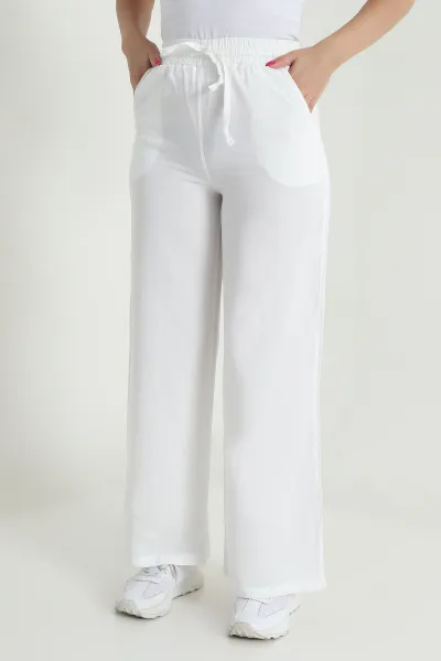 Ekru Bel Lastikli Bol Paça Tencel Kadın Pantolon 474045